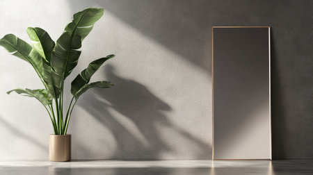 A serene interior scene featuring a tall plant beside a full-length mirror, bathed in soft sunlight and shadows. Perfect for modern dの素材