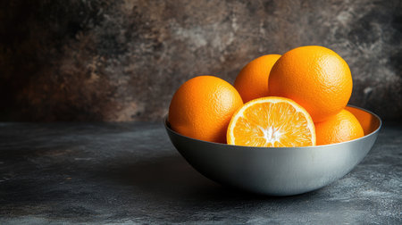 A visually striking arrangement of fresh oranges is displayed in a metal bowl against a textured dark background. This image showcases the vibrant color and natural beauty of citrus fruits, making it ideal for food photography, recipe illustrations, or healthy lifestyle themes.の素材