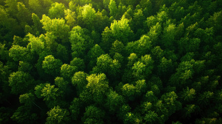 An aerial view of a lush green forest canopy, showcasing the vibrant foliage and diversity of trees. This tranquil scene embodies the beauty of nature.の素材