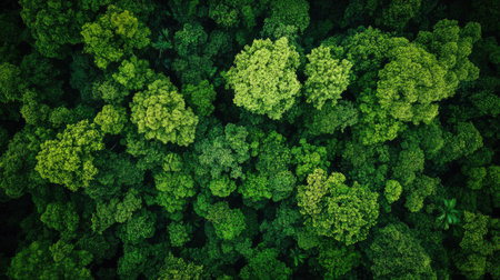 Experience the beauty of a lush green forest canopy captured from above. This vibrant image showcases the natural diversity and tranquility of nature.の素材