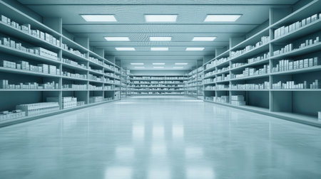 A spacious modern storage area featuring neatly arranged shelves and a clear floor, ideal for warehouse, retail, or inventory management needs.の素材