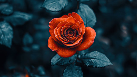 A stunning closeup of a red rose against a darkened backdrop, showcasing the vibrant petals and lush green leaves, ideal for nature-themed projects.の素材