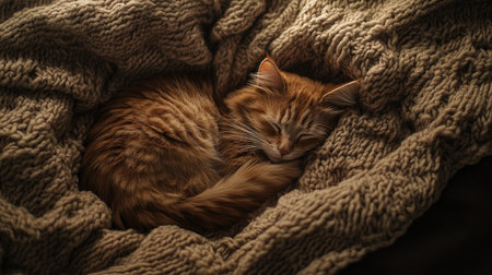 This serene image features a sleeping cat nestled in a soft, textured blanket, evoking feelings of warmth and comfort in a cozy indoor environment.の素材