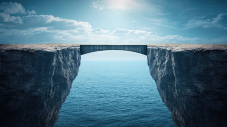 A breathtaking bridge spans a deep chasm over the tranquil sea, surrounded by dramatic clouds and sunlight, offering a peaceful and adventurous escape into nature.の素材