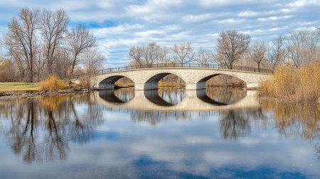 A calm and picturesque view of a stone bridge reflecting in still water with trees and clouds in the background, creating a peaceful nature scene.の素材