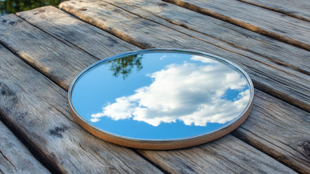 A round mirror rests on a textured wooden table, reflecting a beautiful sky filled with fluffy clouds. This serene setting captures tranquility and elegance.の素材