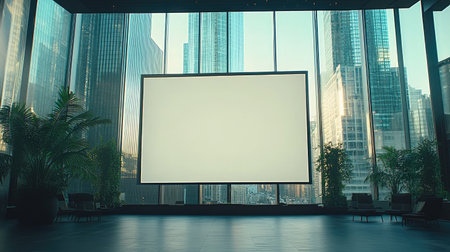 Spacious modern interior with an empty screen, surrounded by large glass windows revealing a vibrant cityscape, perfect for corporate presentations or events.の素材