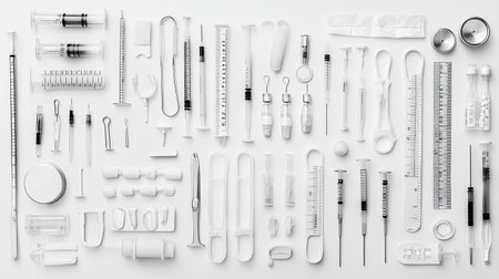 A collection of various medical tools arranged on a white background, showcasing syringes, vials, and other instruments used in healthcare and laboratory settings.の素材