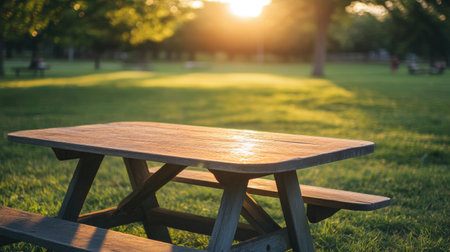 A charming wooden picnic table sits in a sunlit park, surrounded by lush green grass and a warm sunset backdrop, perfect for relaxation and leisure.の素材