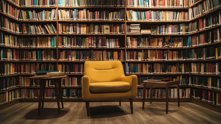 A cozy yellow armchair nestled in a modern library setting surrounded by bookshelves filled with literature, creating an inviting reading atmosphere.の素材