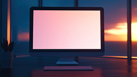 A serene workspace featuring a blank monitor during sunset, creating a calming atmosphere. The minimalist design and warm colors enhance creativity and tranquility.の素材