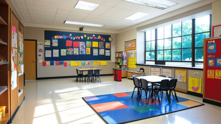 A vibrant classroom filled with colorful artwork and learning materials, designed to inspire creativity and engagement among young learners in a nurturing environment.の素材