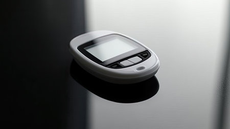 A sleek and modern glucose meter sits on a reflective surface, representing advancements in diabetes management and health monitoring technology.の素材
