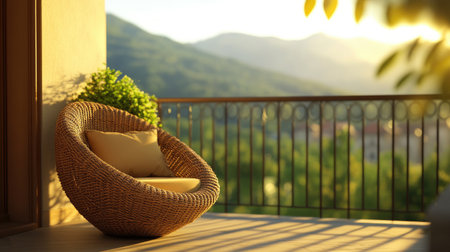 A cozy wicker chair with a soft cushion sits on a scenic balcony, bathed in warm morning light, offering a tranquil view of lush greenery and mountains.の素材