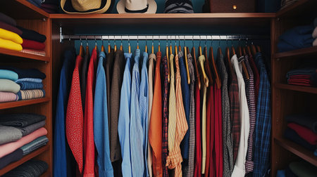 A well-organized closet featuring a variety of colorful clothing options neatly hung on hangers, showcasing a blend of casual and formal attire in a stylish manner.の素材