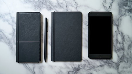A sleek minimalist workspace featuring black notebooks, a pen, and a smartphone arranged on a marble surface, ideal for creativity and productivity.の素材