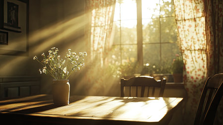 A tranquil scene featuring sunlight streaming through a window, casting gentle rays on a wooden table adorned with fresh flowers in a vase.の素材