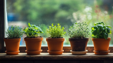 A serene display of fresh herbs in terracotta pots, basking in sunlight on a windowsill, perfect for kitchen gardens and home decor.の素材