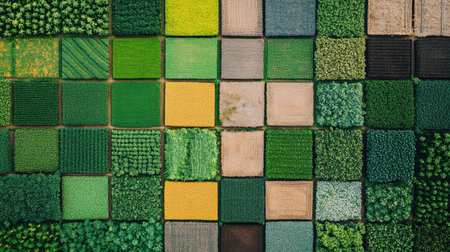 This aerial photograph showcases a vibrant patchwork of agricultural fields with various colors and textures, highlighting the beauty of nature and farming practices.の素材