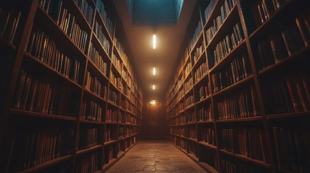 Explore a mysterious library corridor lined with old books, illuminated by warm lights, creating an inviting yet ancient atmosphere suitable for study and inspiration.の素材