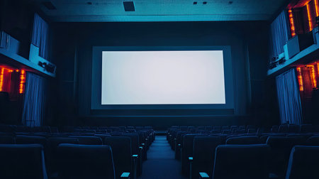 A quiet and empty cinema hall featuring a blank screen and dim lighting. The modern design invites a serene atmosphere, perfect for relaxation.の素材