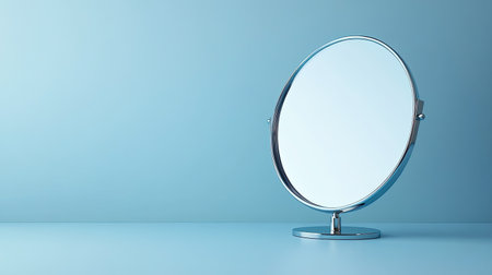 A sleek round mirror rests on a blue surface, embodying modern elegance and minimalism. Perfect for interior design, beauty, and artistic concepts.の素材