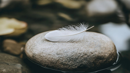A delicate white feather gently rests on a smooth stone above calm water, embodying tranquility and simplicity in nature. Perfect for relaxation themes.の素材