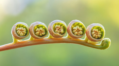 A close-up view of unique plant growth stages showcasing delicate buds on a branch with vibrant green color and intricate details in a serene natural setting.の素材