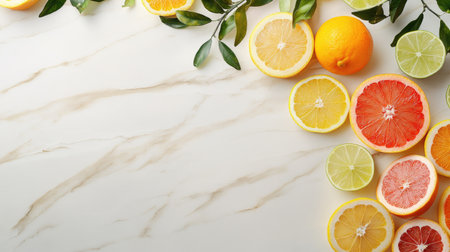 A vibrant arrangement of fresh citrus fruits on a marble background. This colorful display includes oranges, lemons, limes, and grapefruits, perfect for culinary inspiration or healthy lifestyle themes.の素材