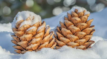 Two pine cones covered in a soft layer of snow, captured in a serene winter landscape. The tranquil scene showcases the beauty of nature in cold weather.の素材