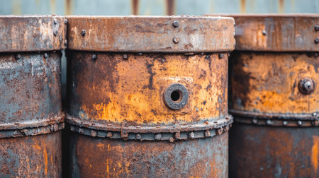 Close-up of rusty metal drums showcasing weathered textures and vibrant colors, perfect for industrial-themed projects or backgrounds in photography.の素材