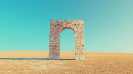 A solitary stone arch stands against a clear blue sky, creating a striking visual in a vast desert landscape. Ideal for themes of openness and exploration.の素材
