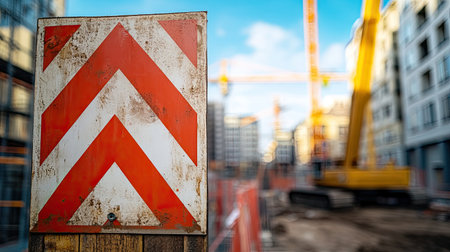 A close-up of a weathered construction warning sign featuring a red and white chevron pattern, set against a backdrop of construction machinery and urban development.の素材