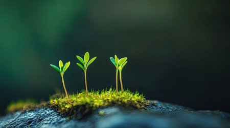 Delicate green sprouts emerge from a stone surface, symbolizing new life and growth in nature. A serene glimpse into the beauty of the environment.の素材