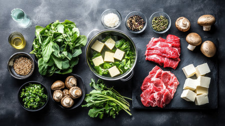 A vibrant arrangement of fresh cooking ingredients including greens, mushrooms, tofu, and beef, showcasing preparation for a delicious meal. Perfect for culinary inspiration.の素材