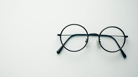 A minimalist image featuring round black glasses placed on a flat surface. The design emphasizes simplicity and elegance, perfect for showcasing style in eyewear.の素材