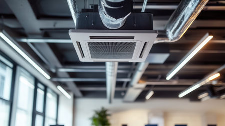 This image features a modern ceiling air conditioner in a stylish office space, showcasing contemporary design and effective cooling technology for comfort.の素材