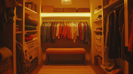 A cozy walk-in closet featuring warm lighting and stylish organization. The well-arranged space includes a variety of clothing essentials, perfect for storage.の素材