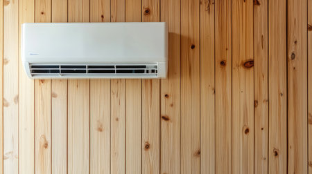 A white air conditioner mounted on a wooden wall, depicting a blend of modern technology and natural wood aesthetics, perfect for home interiors.の素材