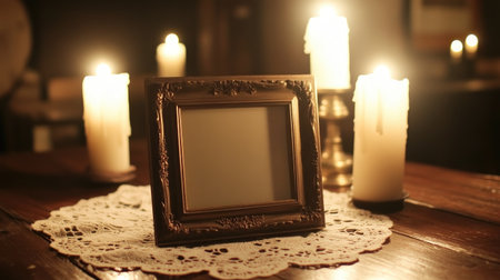 A beautiful empty frame surrounded by glowing candles creates a warm and inviting atmosphere. Perfect for adding charm to any decor or photography project.の素材