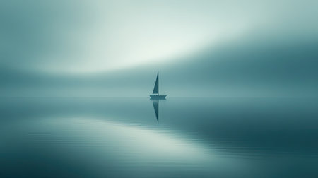 A tranquil scene featuring a solitary sailboat gliding through fog-covered waters at dawn, reflecting a serene and peaceful atmosphere, perfect for evoking calm and solitude.の素材