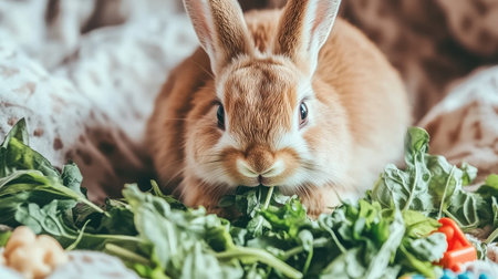 A charming rabbit enjoying a meal of fresh greens and colorful vegetables. This adorable pet captures the joy of nature and healthy living.の素材