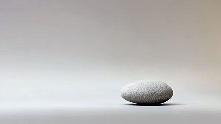 A smooth grey stone rests on a minimalist background, showcasing its unique texture and shape. Ideal for design, art, and nature themes.の素材