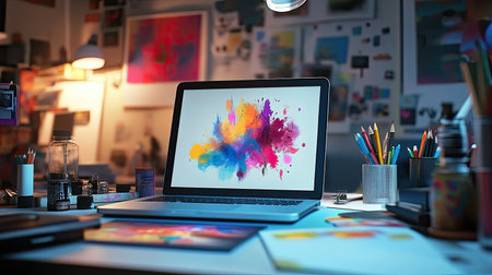 A vibrant creative workspace featuring a modern laptop displaying a colorful paint splash. The scene is filled with art supplies, inspiration, and a lively atmosphere.の素材