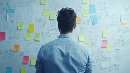 A focused individual stands in front of a wall filled with colorful notes, symbolizing creativity and the brainstorming process in a dynamic workspace.の素材