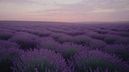 A breathtaking lavender field bathed in soft dusk light, showcasing vibrant purple blooms stretching to the horizon, perfect for serene nature visuals.の素材