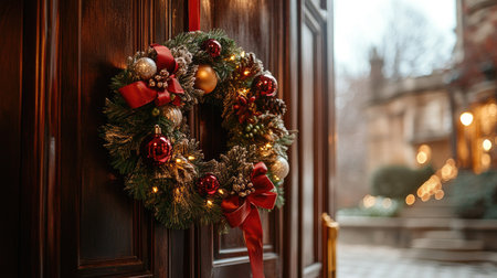 A beautifully decorated Christmas wreath adorned with red and gold ornaments, ribbons, and lights, hanging on a wooden door, inviting festive cheer.の素材
