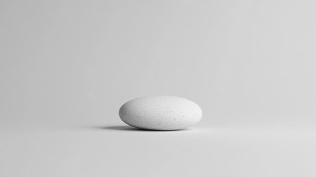 This minimalist image features a smooth white stone resting on a soft gray background, showcasing simplicity, elegance, and clean lines for artistic use.の素材