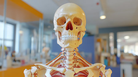 A detailed human skeleton model displayed in a medical learning environment, ideal for educational purposes and anatomical studies. Perfect for students and educators.の素材