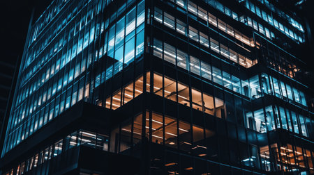 A striking view of a modern office building at night, showcasing illuminated windows and sleek glass architecture, highlighting the urban landscape.の素材
